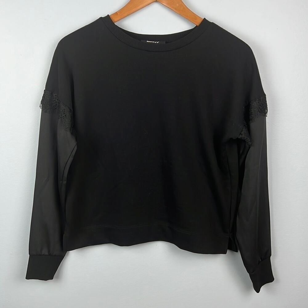 DKNY long sleeve black blouse with lace and mixed fabrics